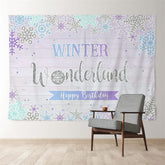 Aperturee - Purple Snowflake Winter Wood 1st Birthday Backdrop